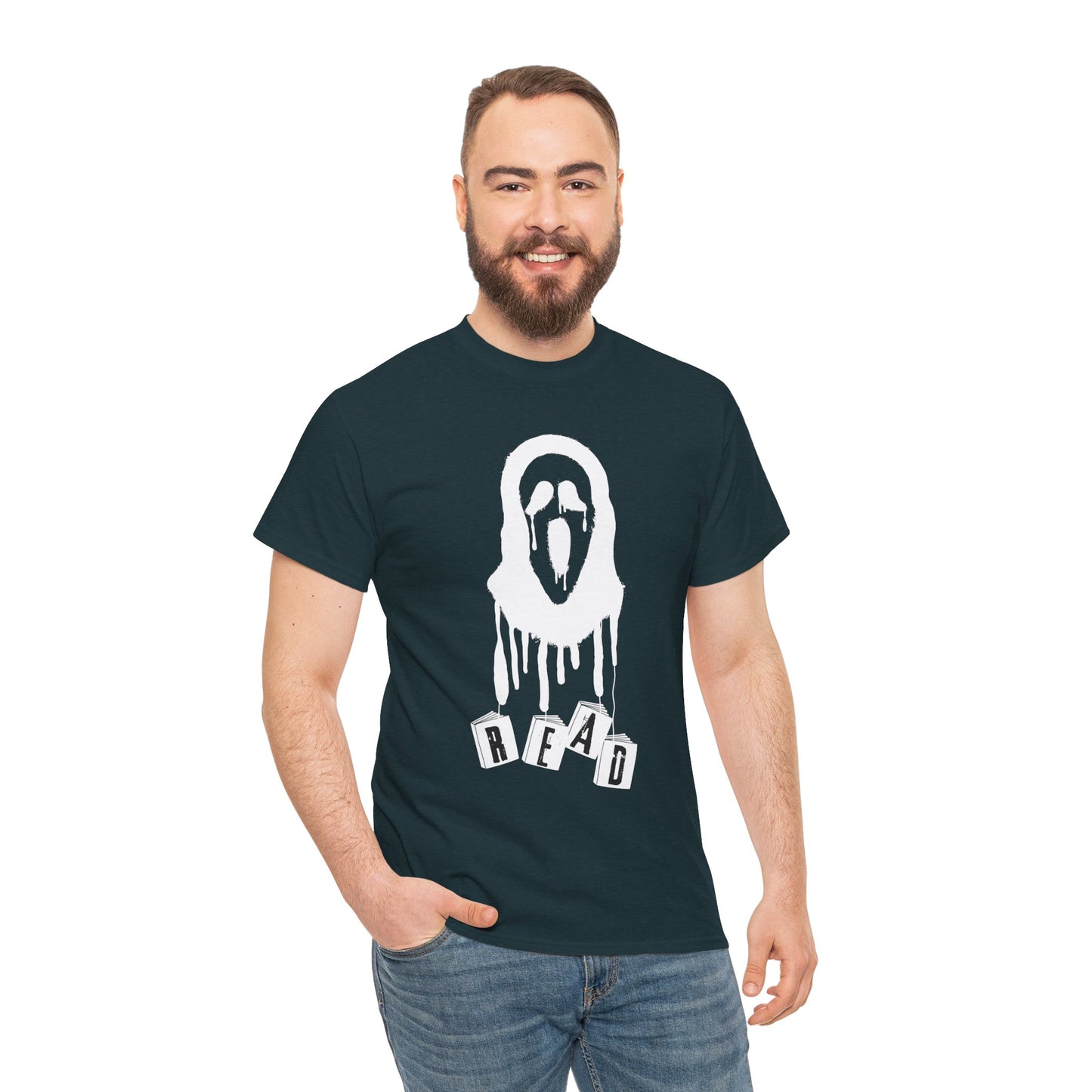 Man wearing a midnight t-shirt with a white graphic of the scream mask with dangling books that spell out 'READ' on a hanger against a white background