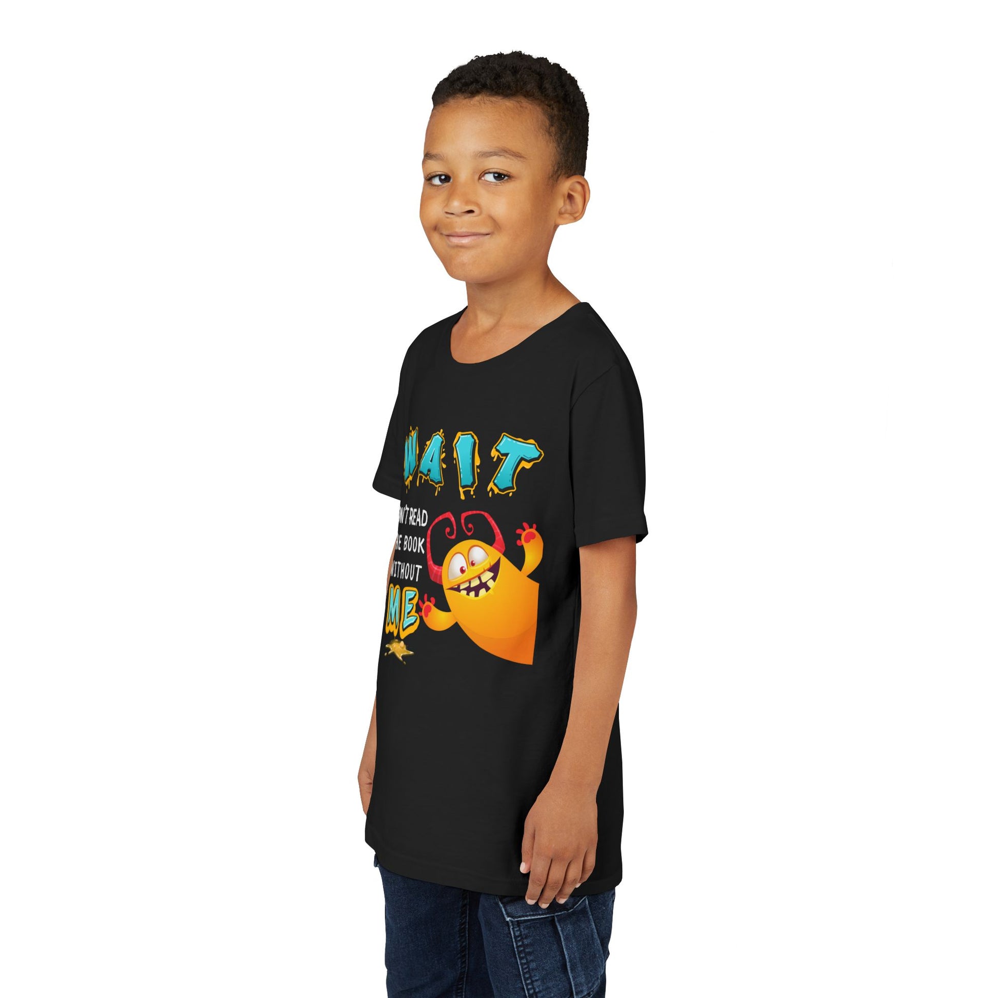 Boy wearing a black t-shirt with yellow monster popping in from the side and frantic text 'WAIT, Don't Read The Book Without ME'