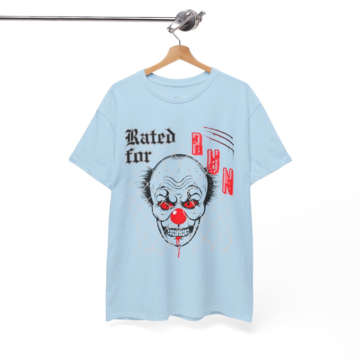 Light blue horror t-shirt with a graphic design of a scary clown face behind chain linked fence and text 'Rated for R' on a hanger against a white background