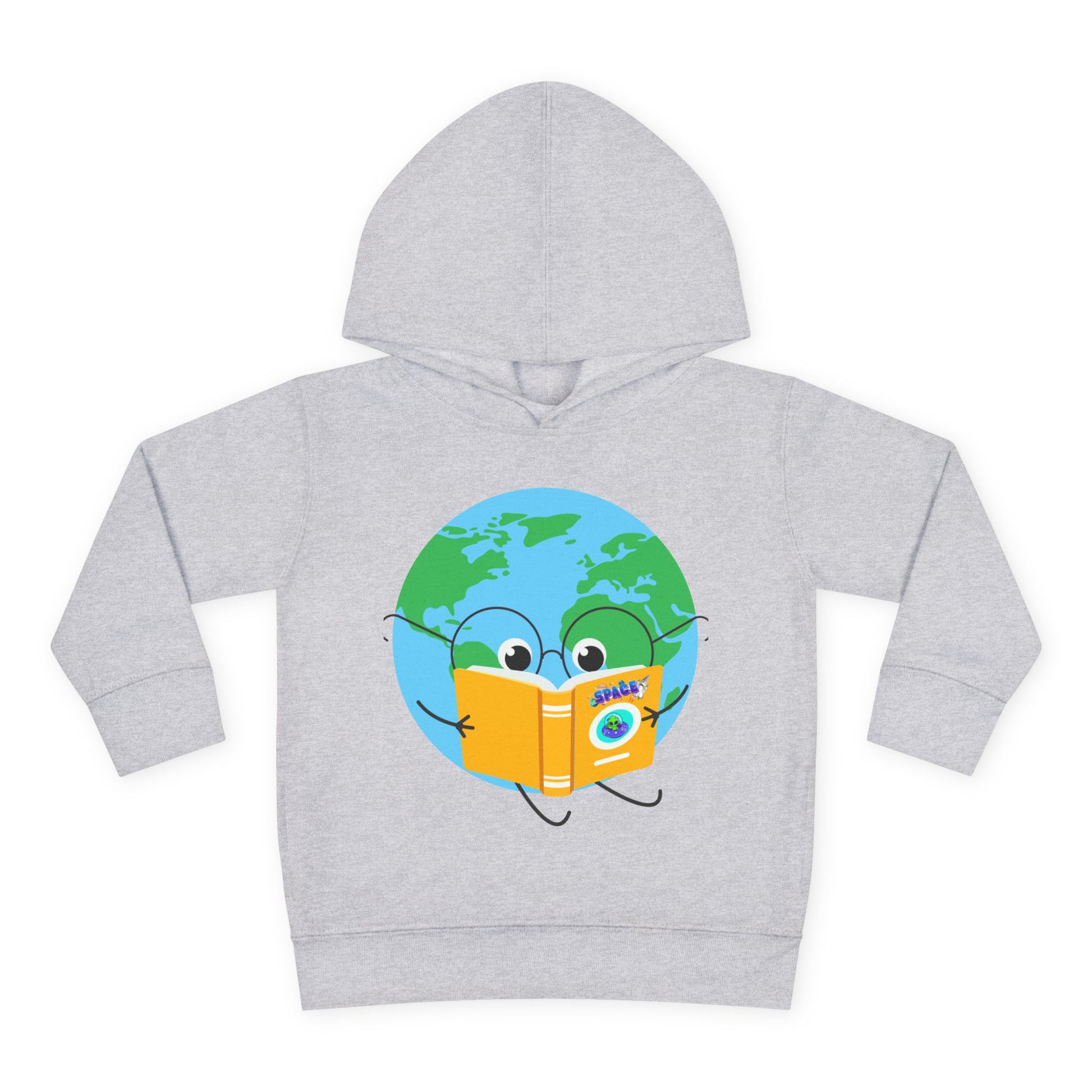 Hoodie with a cartoon Earth wearing glasses and reading a yellow book with the word “space” on the cover – design on a blue toddler hoodie.