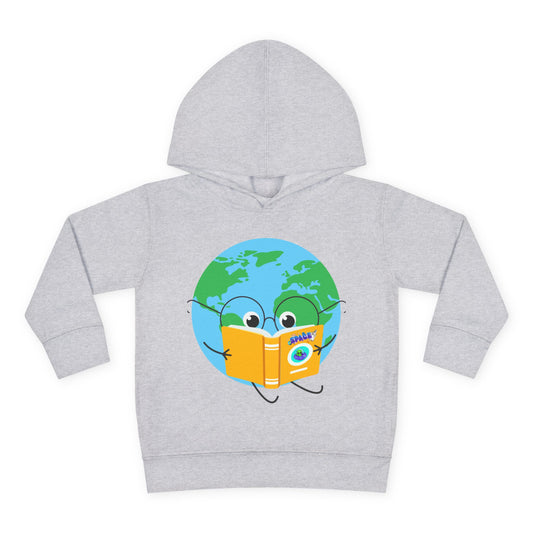 Hoodie with a cartoon Earth wearing glasses and reading a yellow book with the word “space” on the cover – design on a blue toddler hoodie.