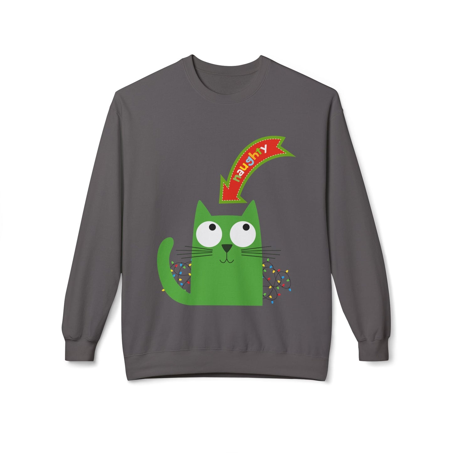 Teen/Adult Unisex Naughty Cat Sweatshirt â€“ Green Cat Holiday Humor Design Printify