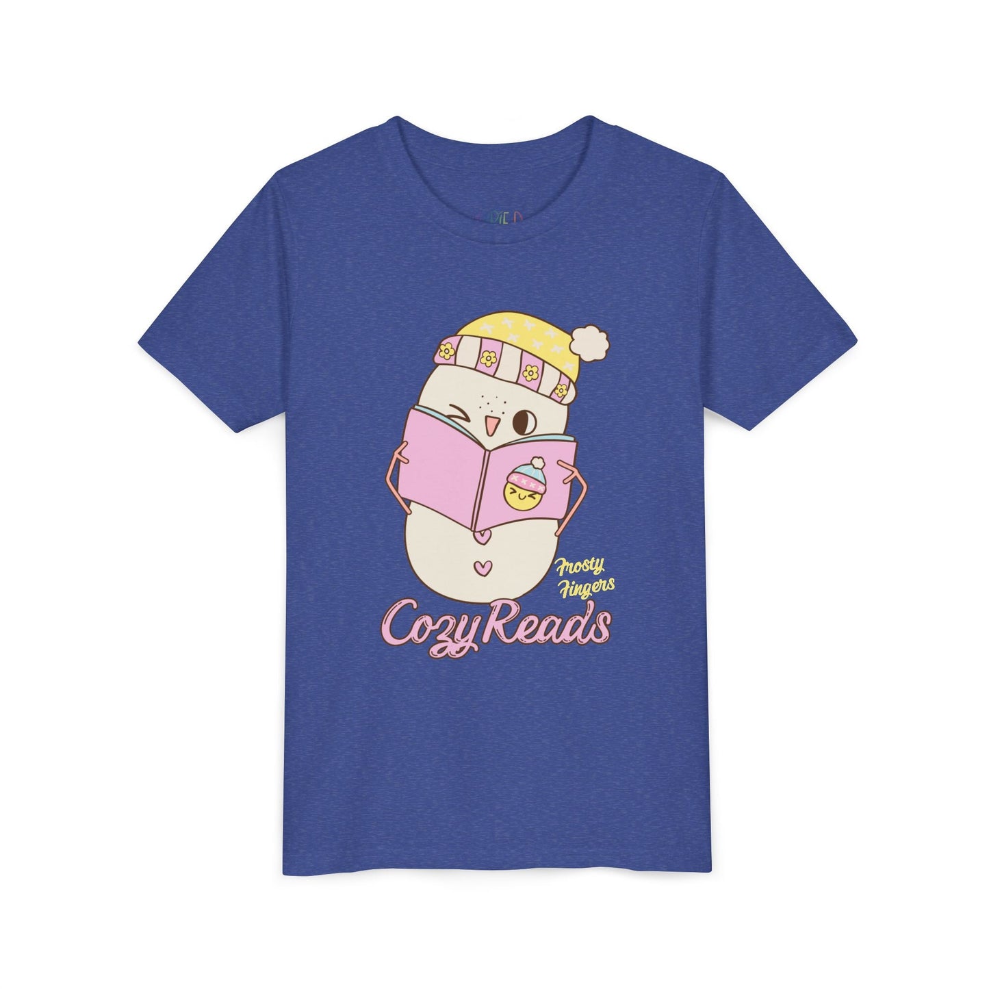 Youth Cozy Reads T-Shirt â€“ Cute Winter Snowman Design Printify