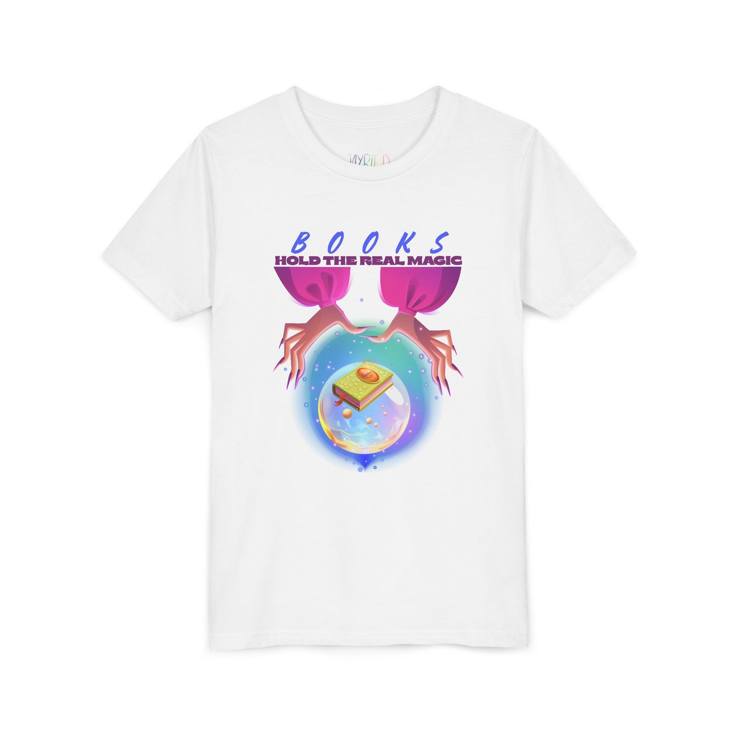White t-shirt with a hands around a crystal ball featuring a monster book and text 'Book Hold The Real Magic'