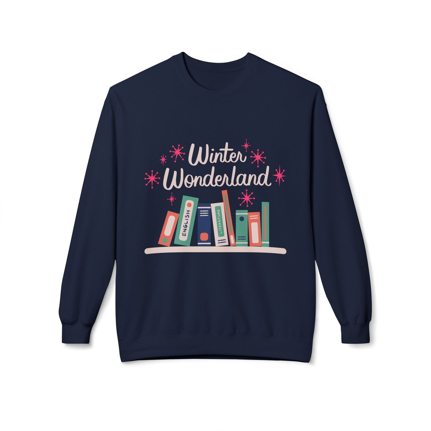 Navy blue sweatshirt with 'Winter Wonderland' text and book illustration on a white background