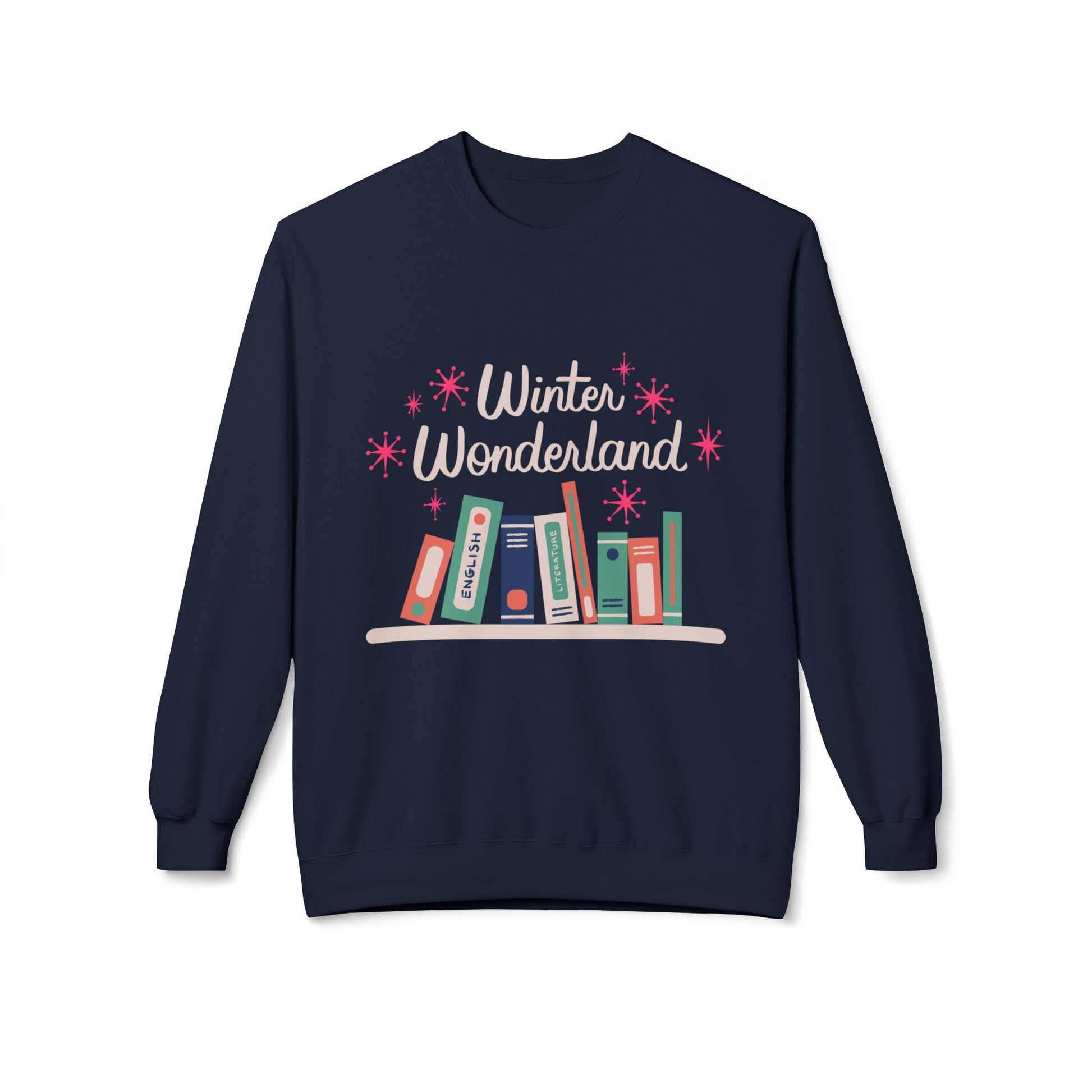 Navy blue sweatshirt with 'Winter Wonderland' text and book illustration on a white background
