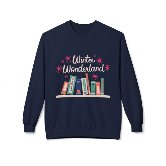 Navy blue sweatshirt with 'Winter Wonderland' text and book illustration on a white background