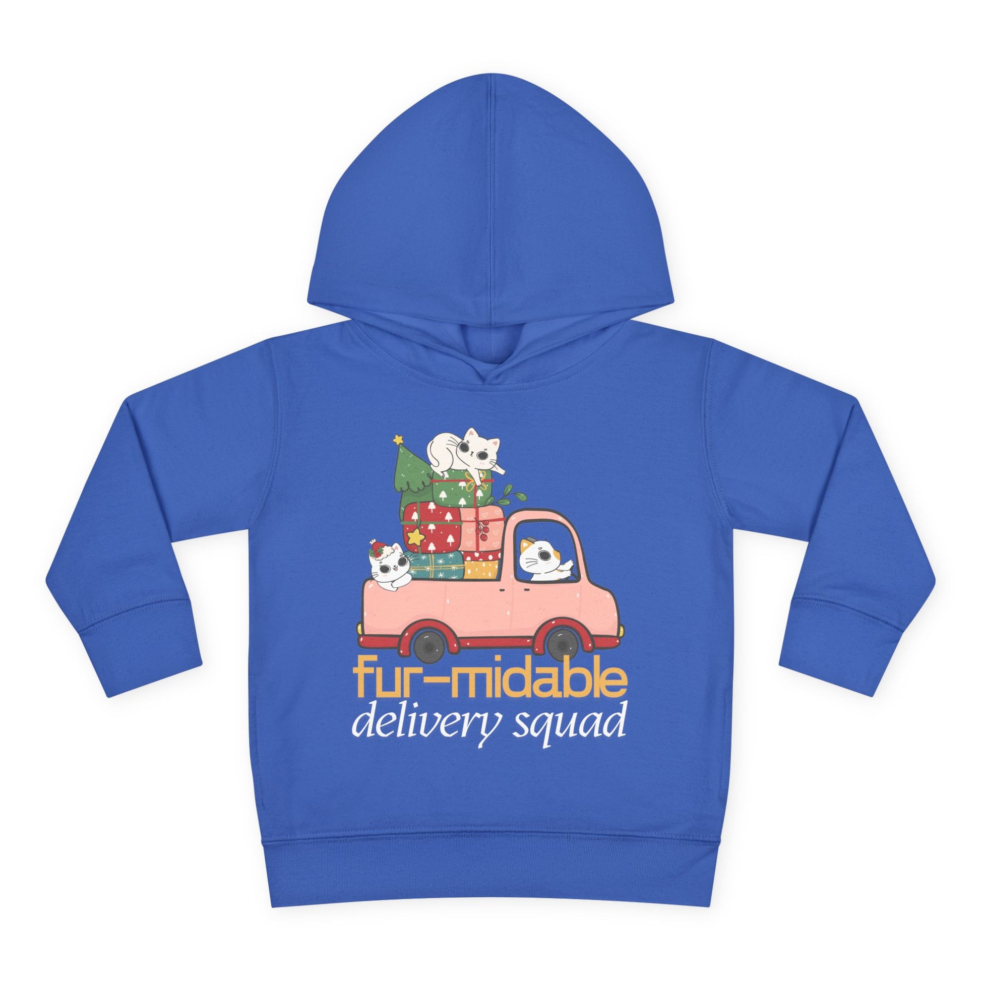 Blue toddler hoodie with a festive design of cats driving a truck full of Christmas presents and text 'fur-midable delivery squad'