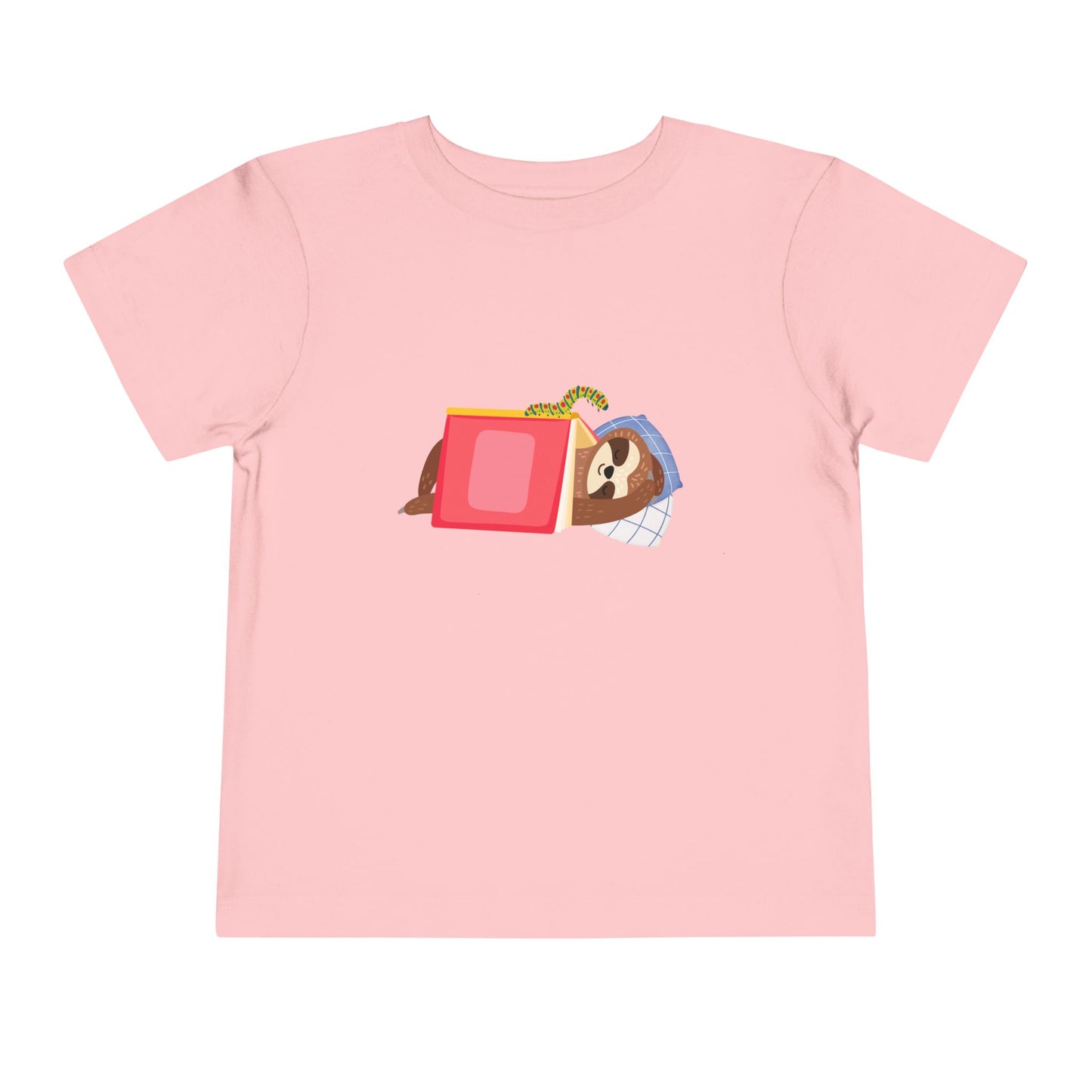Pink toddler t-shirt featuring a book work looking at a sleeping sloth under a book
