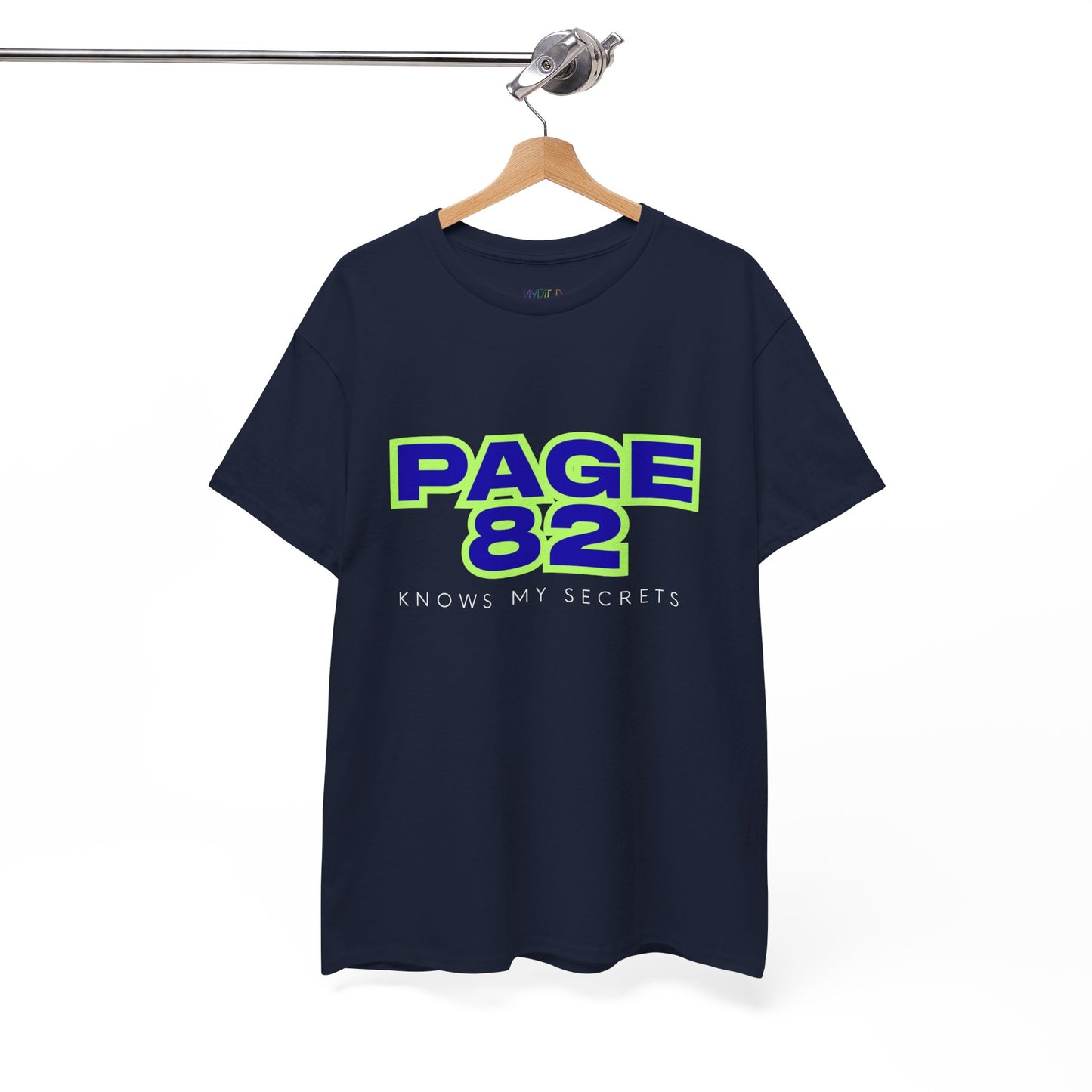 Dark blue t-shirt with 'PAGE 82 KNOWS MY SECRETS' text 