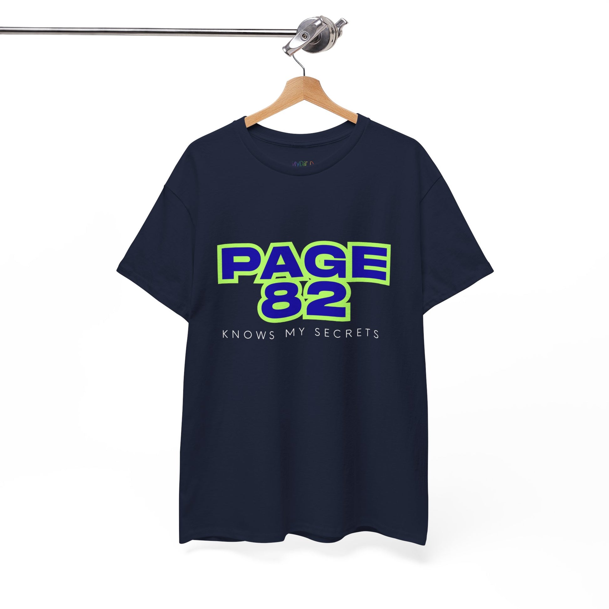 Dark blue t-shirt with 'PAGE 82 KNOWS MY SECRETS' text 