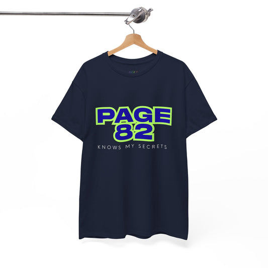 Dark blue t-shirt with 'PAGE 82 KNOWS MY SECRETS' text 