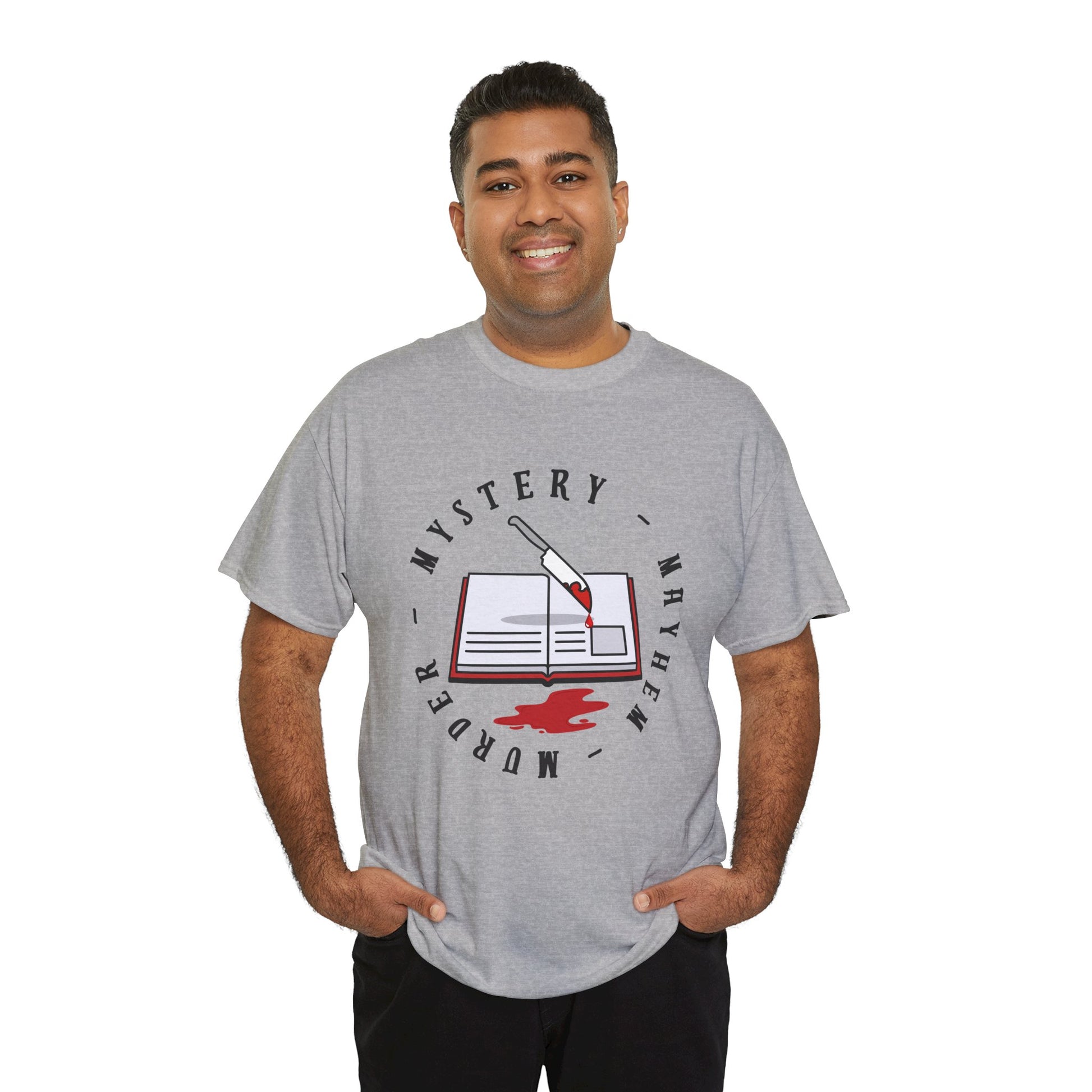 Man wearing a gray t-shirt with an open book, bloody knife and circular text 'Murder - Mystery - Mayhem'