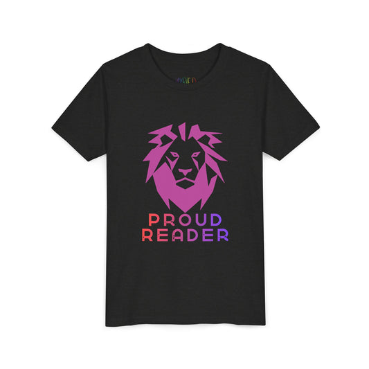 Black t-shirt with a pink lion and colorful text 'Proud Reader' 