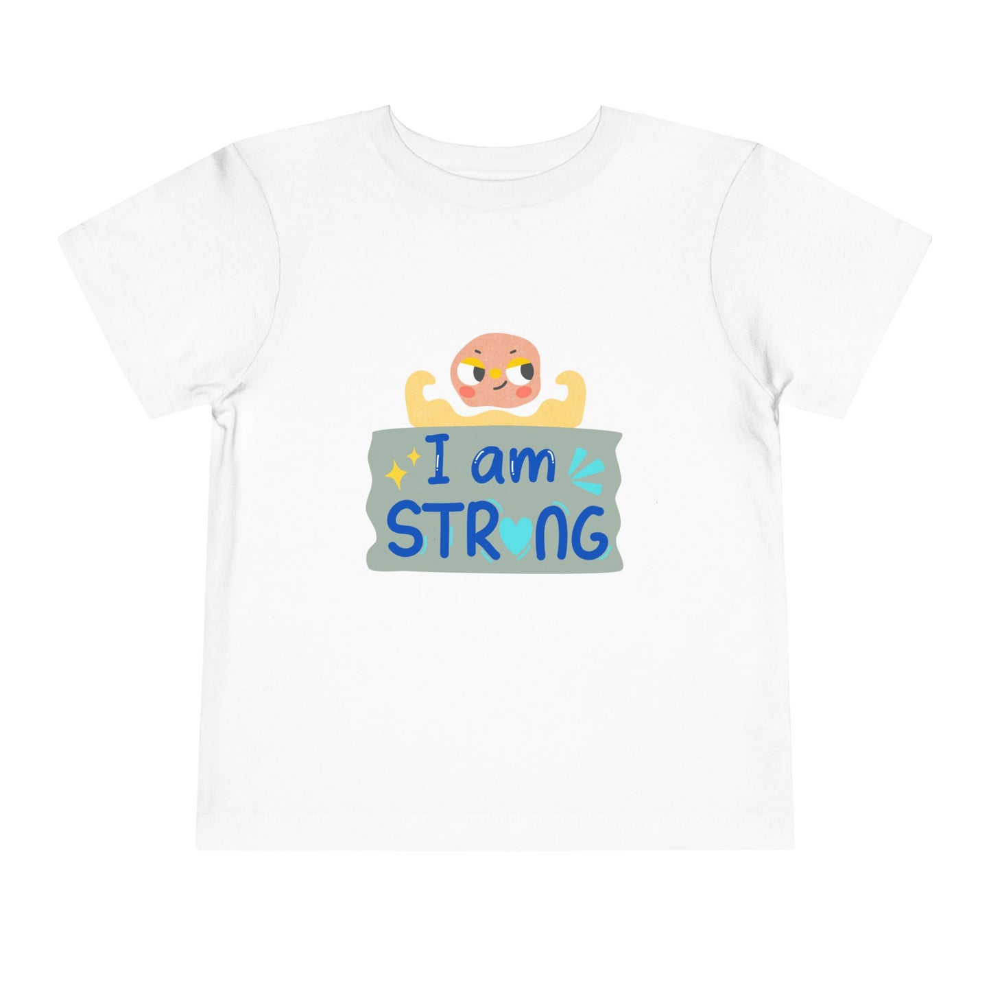White toddler t-shirt with a cartoon character showing its arm muscles and 'I am strong' text