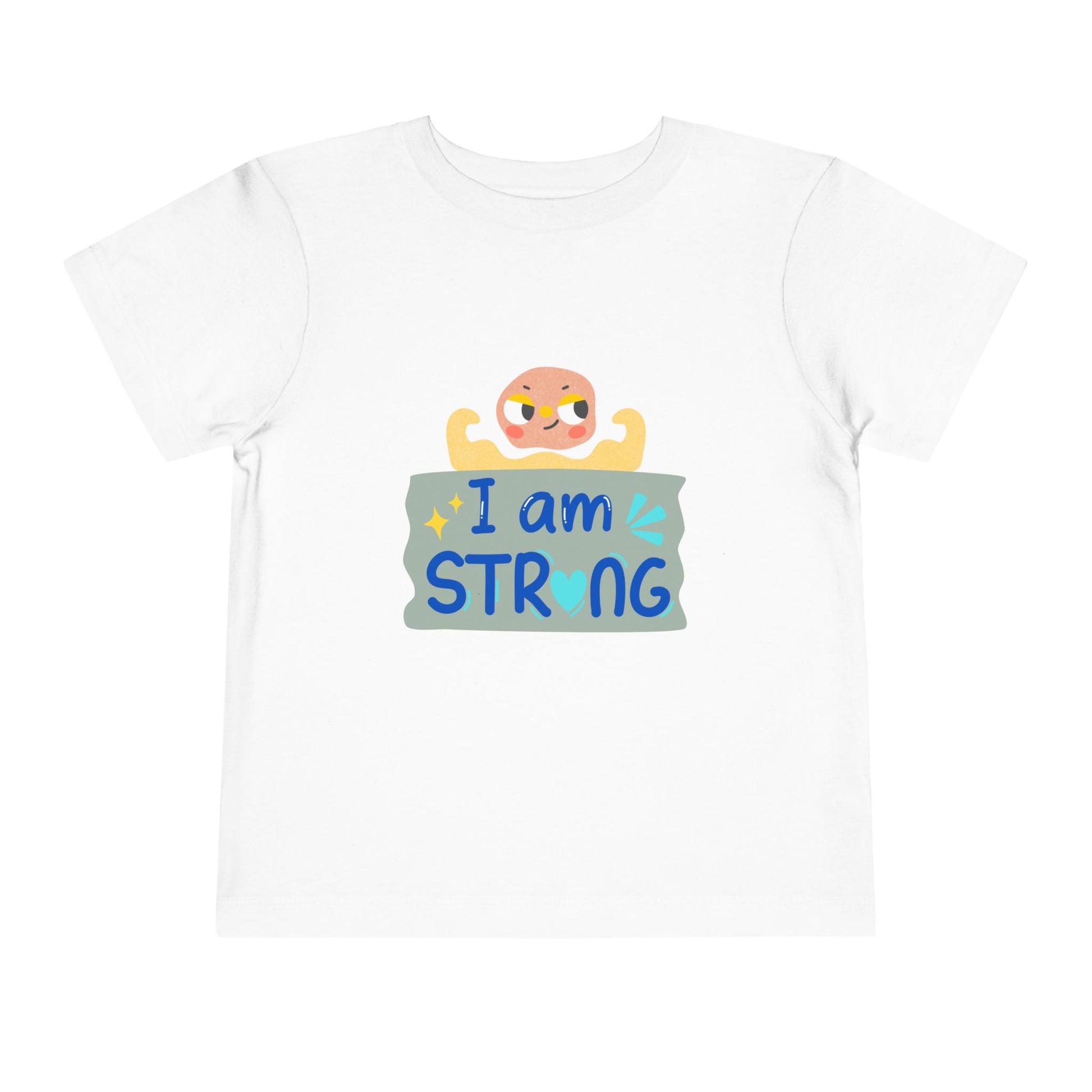 White toddler t-shirt with a cartoon character showing its arm muscles and 'I am strong' text