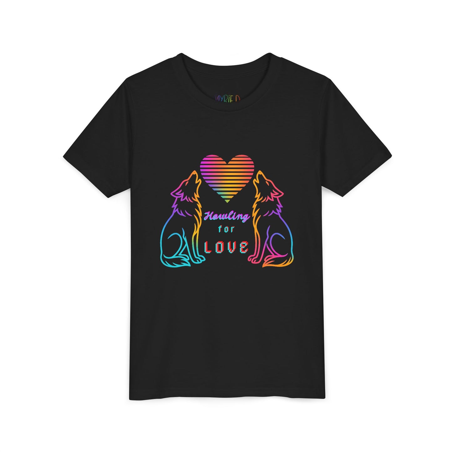 Black t-shirt with two rainbow wolves howling at a heart and text 'Howling For Love' 