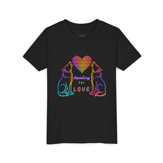 Black t-shirt with two rainbow wolves howling at a heart and text 'Howling For Love' 