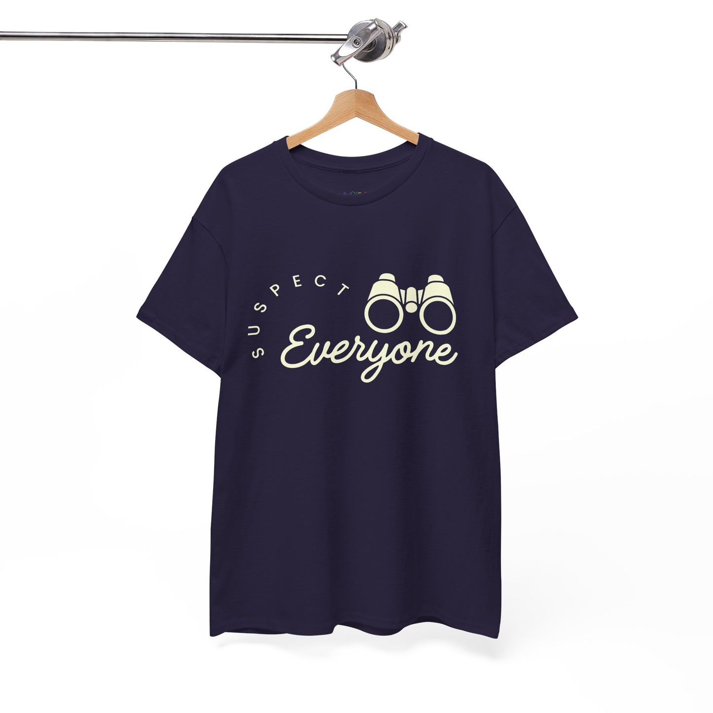 Dark t-shirt with 'Suspect Everyone' text and binoculars graphic 