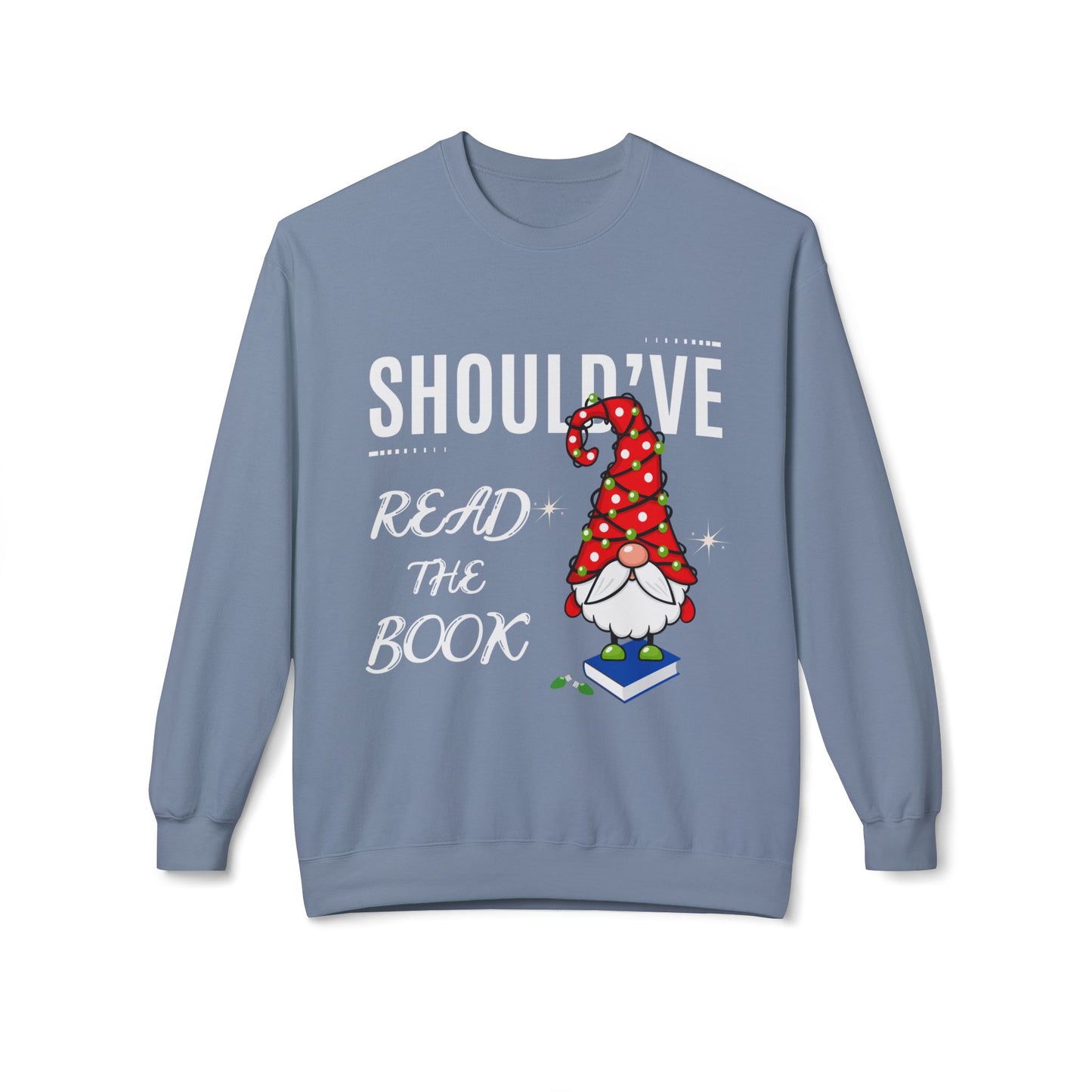 Blue sweatshirt with tangled in lights standing on a blue book and text 'should've read the book'