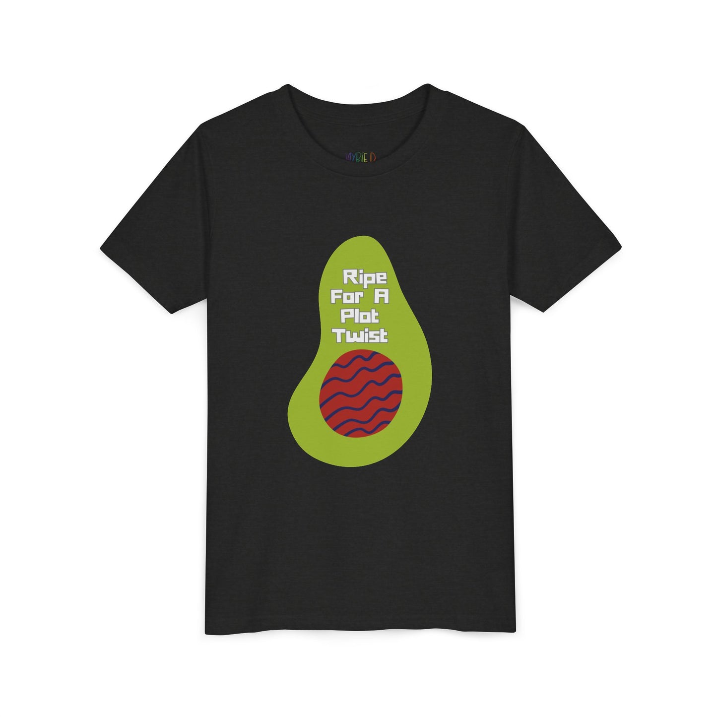 Black t-shirt with avocado graphic and text 'ripe for a plot twist'