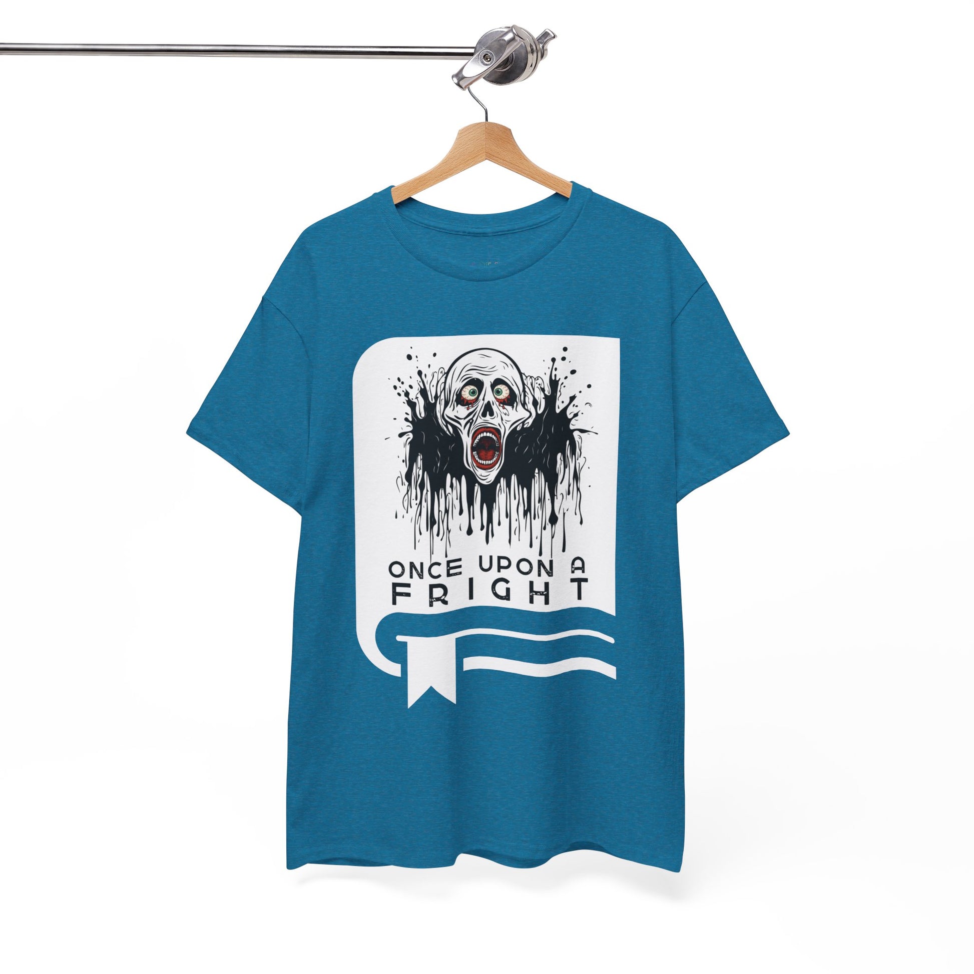 Blue t-shirt with a graphic design of creepy skeleton graphic on a book cover and text 'Once Upon a Fright' on a hanger against a white background.