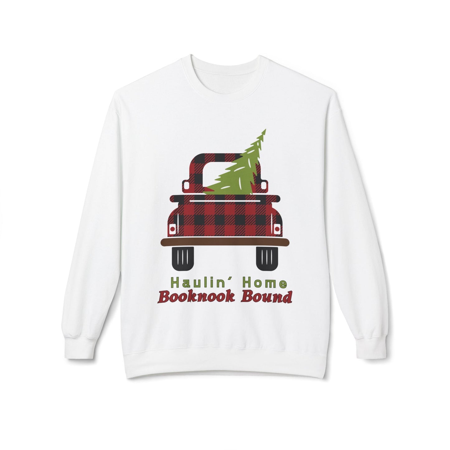 Teen/Adult Unisex Haulinâ€™ Home Booknook Bound Sweatshirt â€“ Cozy Holiday Plaid Truck Design Printify