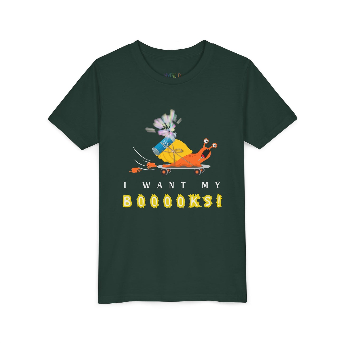 Youth I Want My BOOOOKS! Tee – Snail-Powered Speed Reader Shirt for Kids