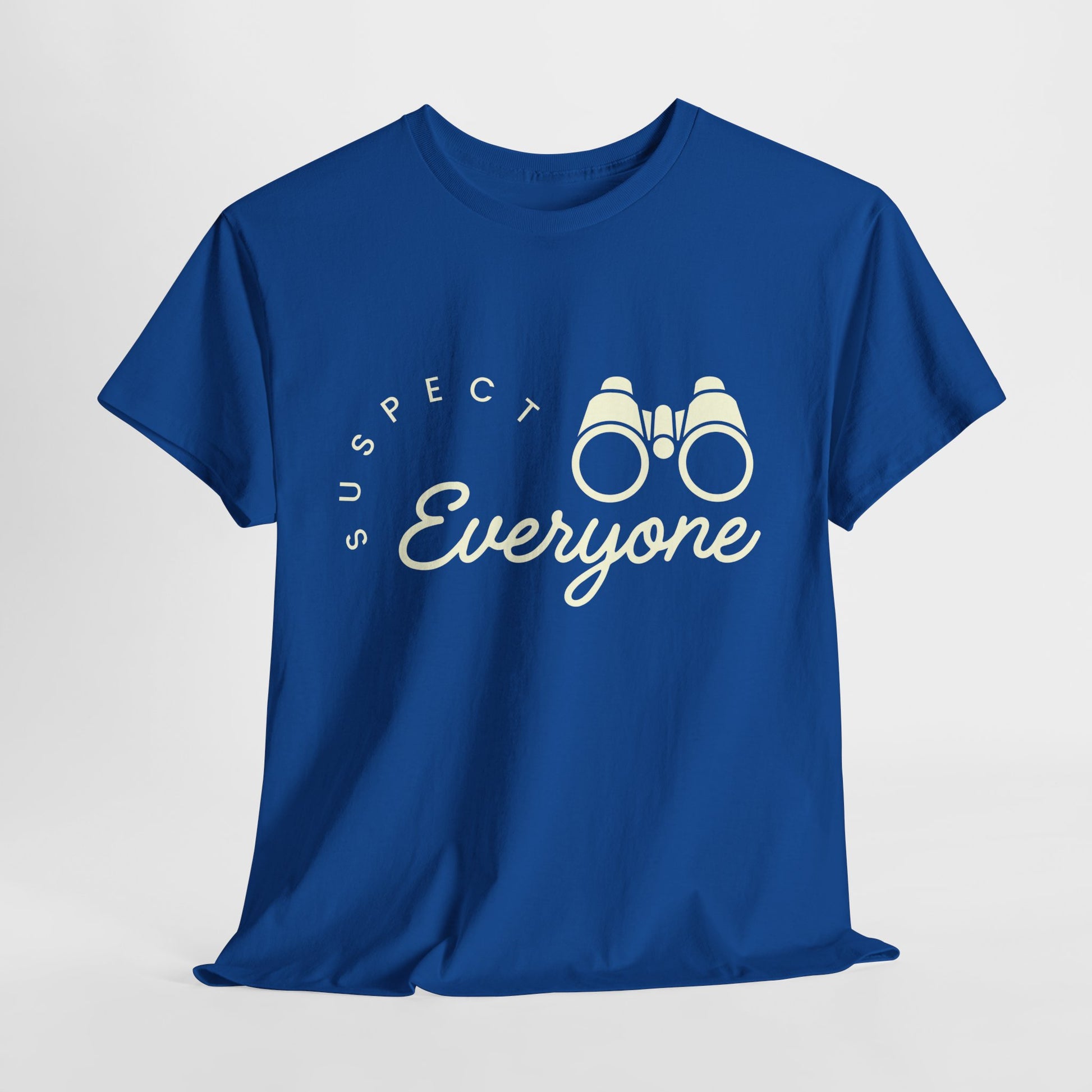 Blue t-shirt with white text and binoculars graphic on a light gray background