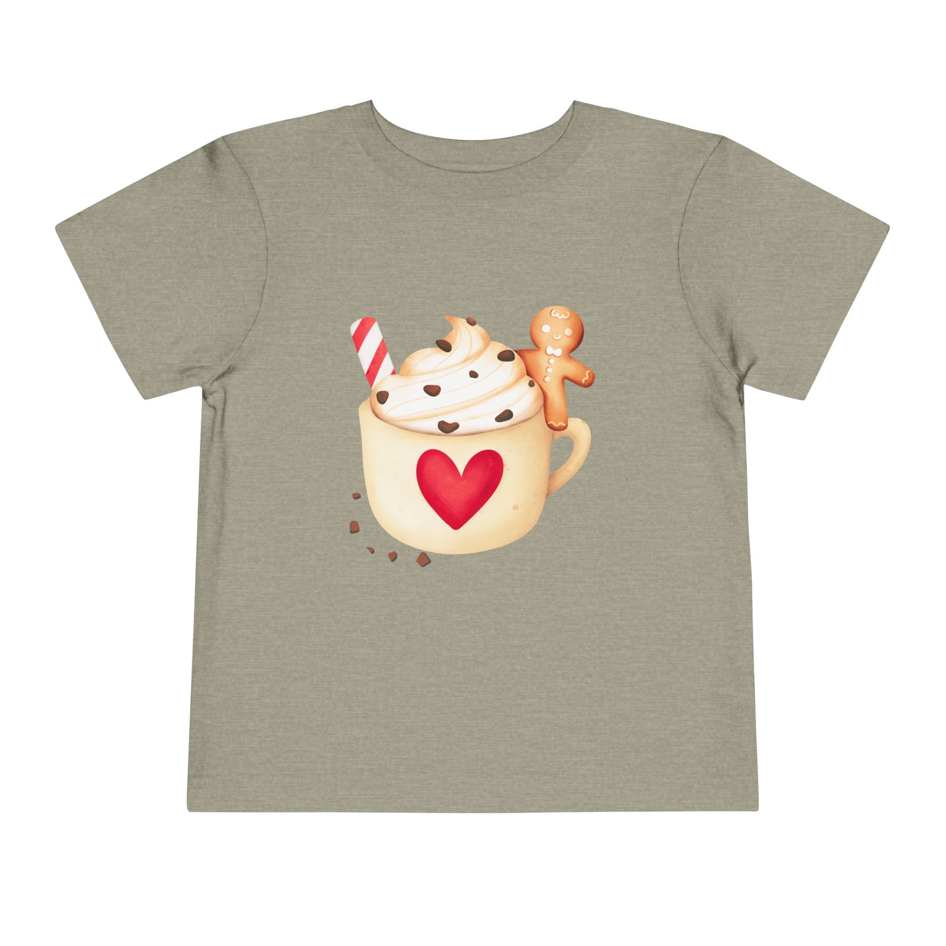 Gray toddler t-shirt with a hot chocolate graphic featuring a heart and gingerbread on a white background