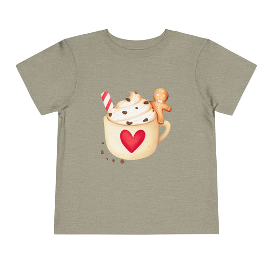 Green t-shirt with a cartoon hot chocolate graphic featuring a heart on a white background