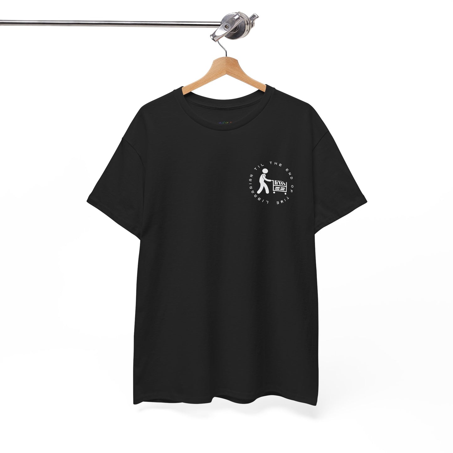 Black dual-sided t-shirt with a small librarian pushing a cart on the front and a full size bookshelf with a zombie hand reaching up on the back, text 'Late Fees Can't Stop Me'