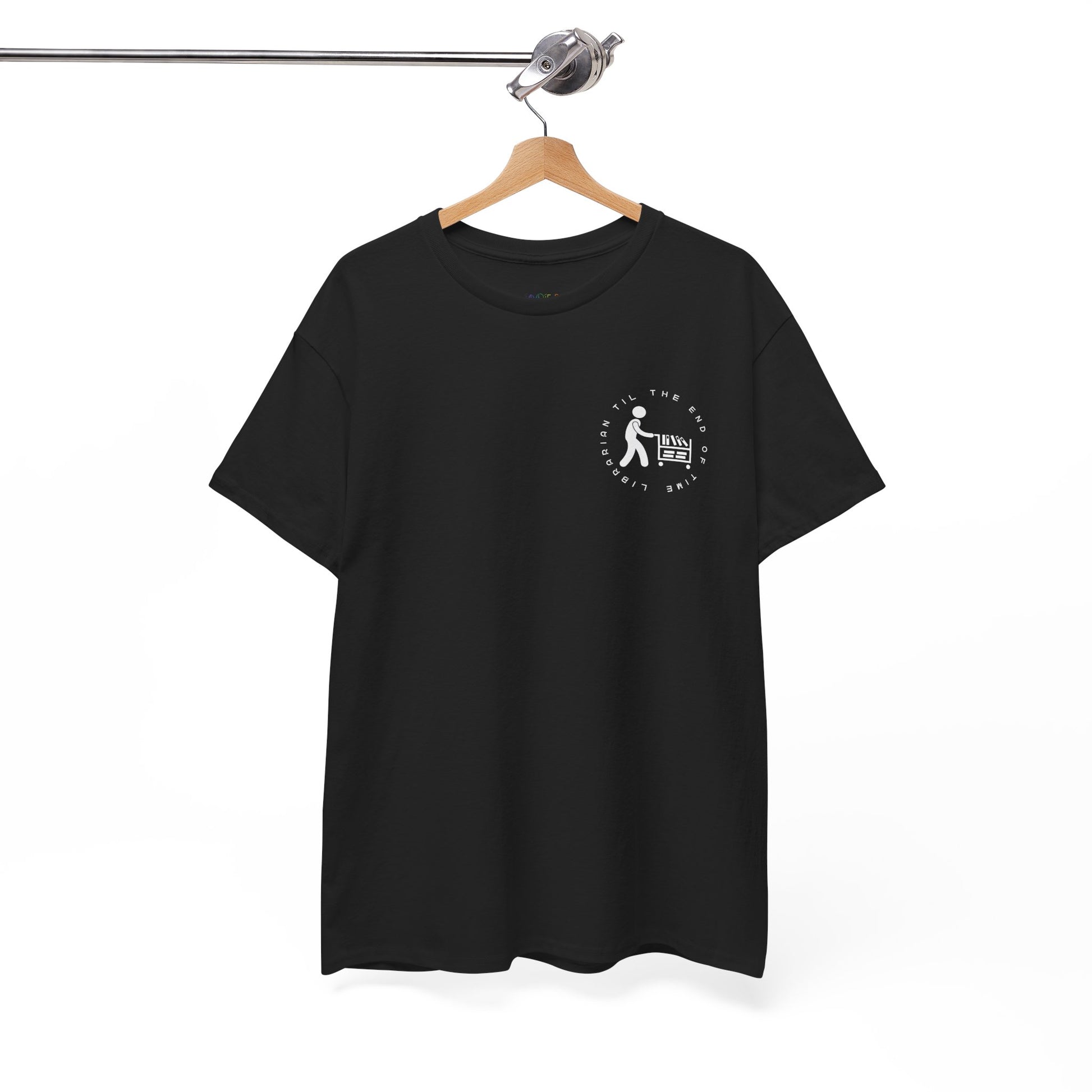 Black dual-sided t-shirt with a small librarian pushing a cart on the front and a full size bookshelf with a zombie hand reaching up on the back, text 'Late Fees Can't Stop Me'