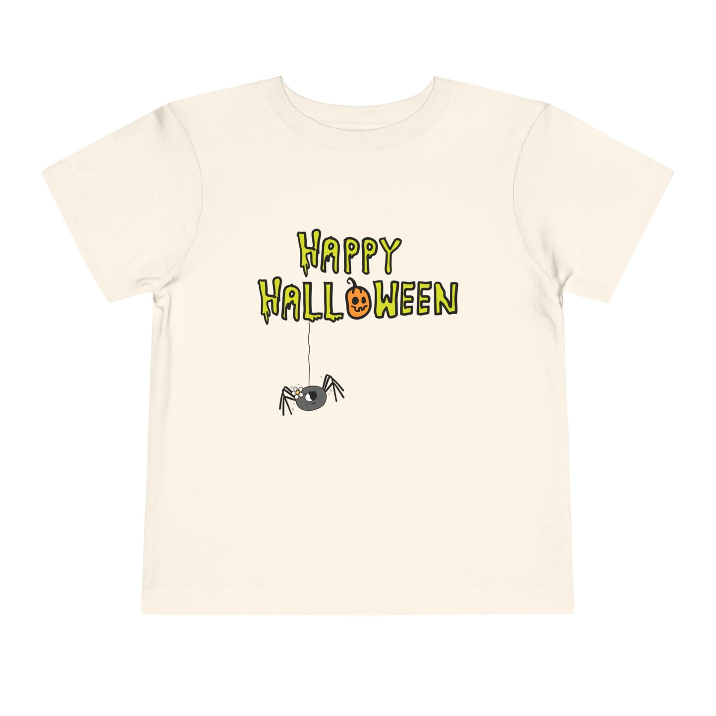 Beige t-shirt with creepy type text 'Happy Halloween' and a dangling spider 