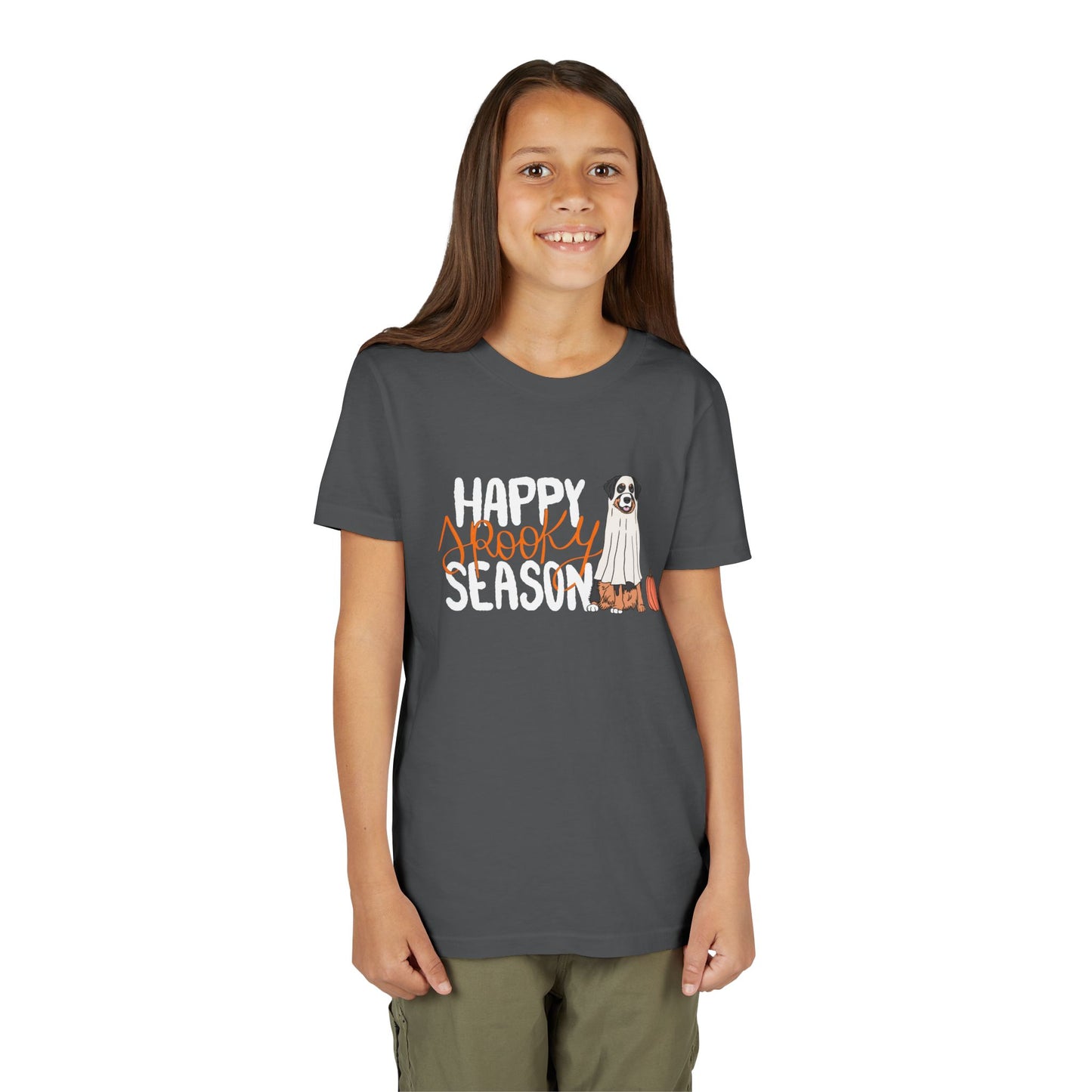 Girl wearing a gray t-shirt with 'Happy Spooky Season' text and a dog dressed as a ghost
