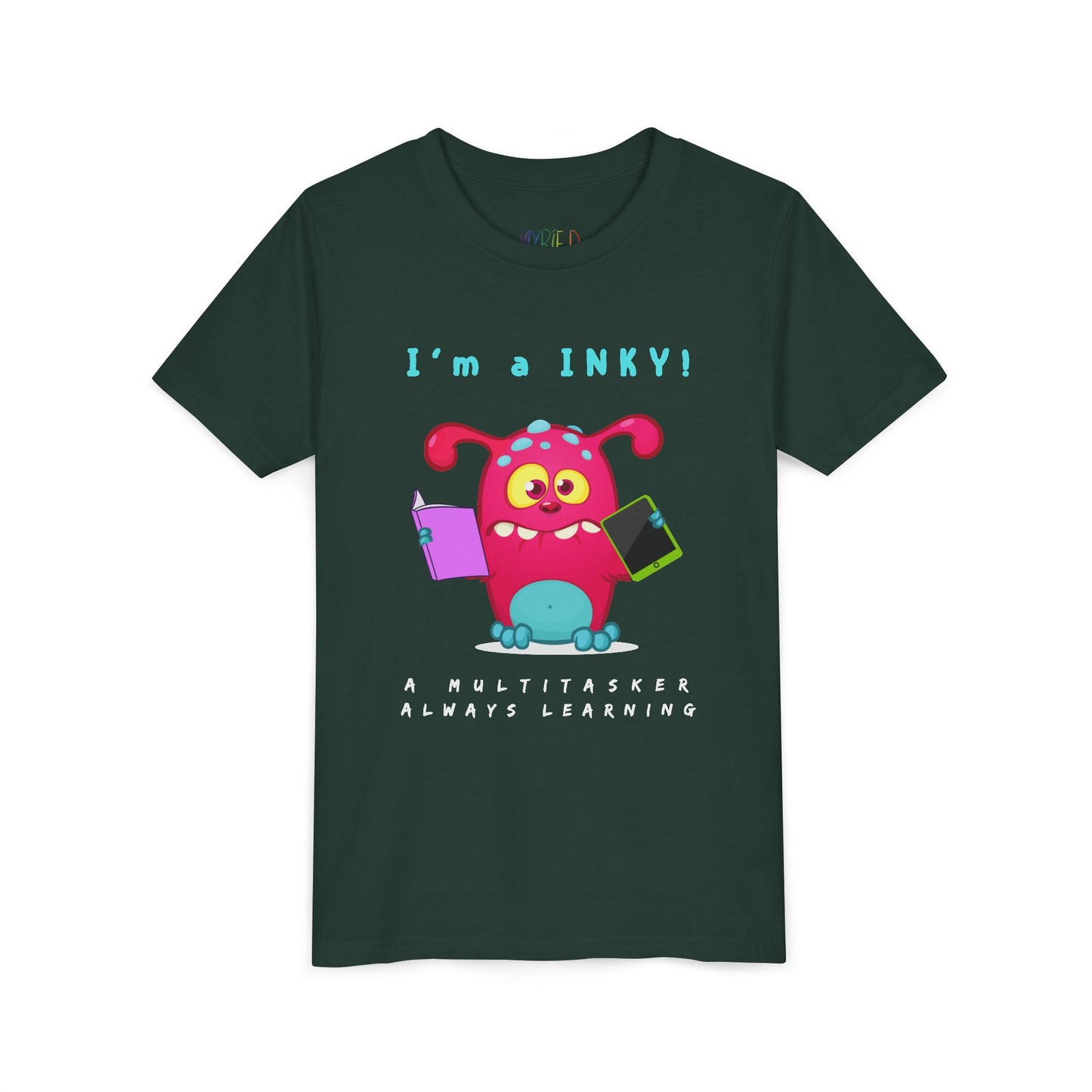 Dark green t-shirt with a colorful cartoon monster holding a book and an ipad, with text 'I'm a INKY!'