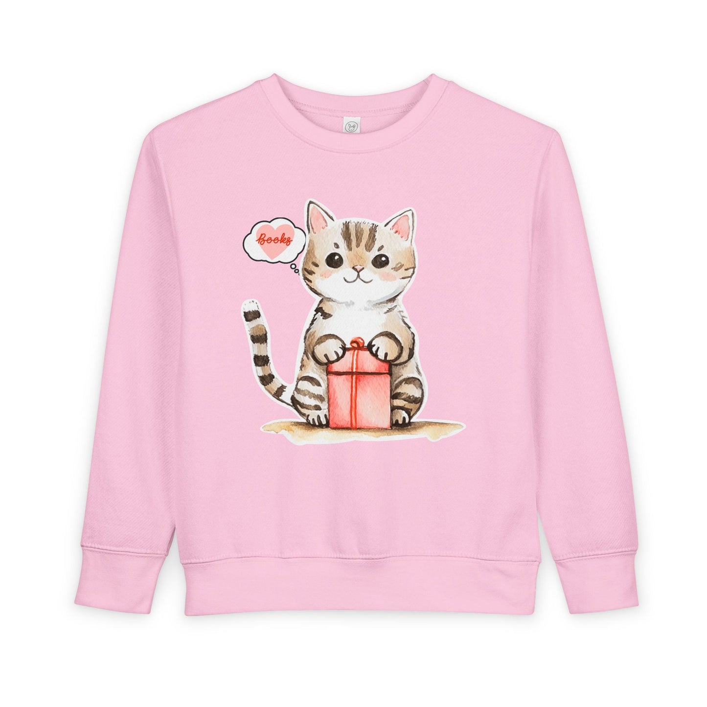 Pink toddler sweatshirt with a cat with a thought bubble of whooks while holding a gift box on a white background