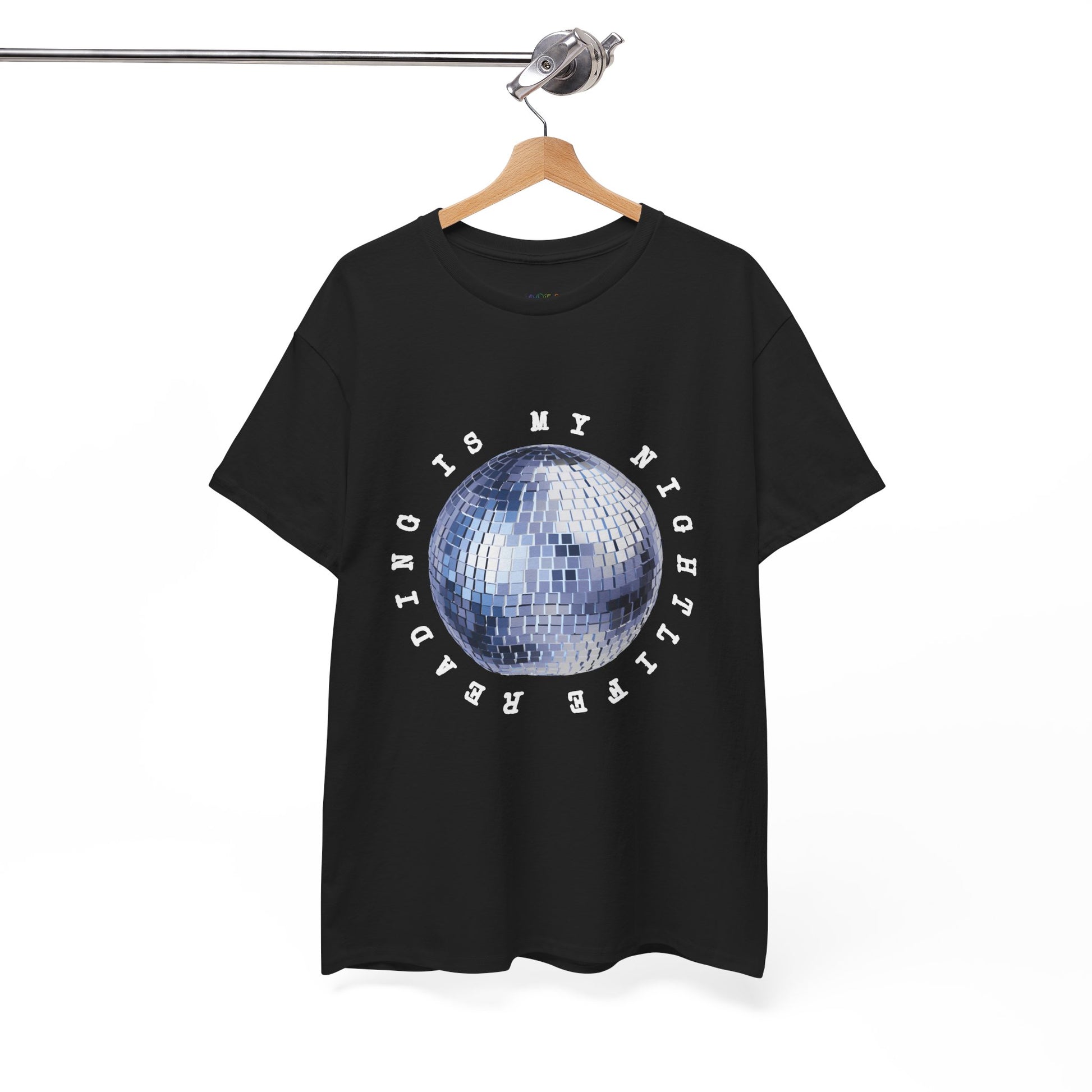 Black t-shirt with a disco ball graphic and text 'Reading Is My NightLife'