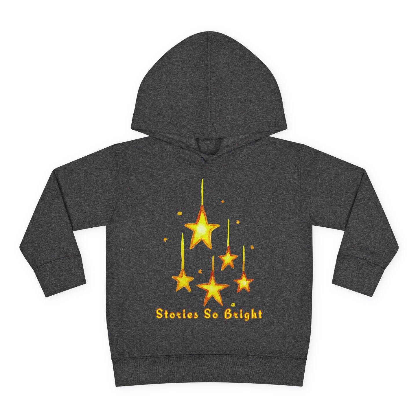 Dark gray hoodie with yellow star design and 'Stories So Bright' text on a white background