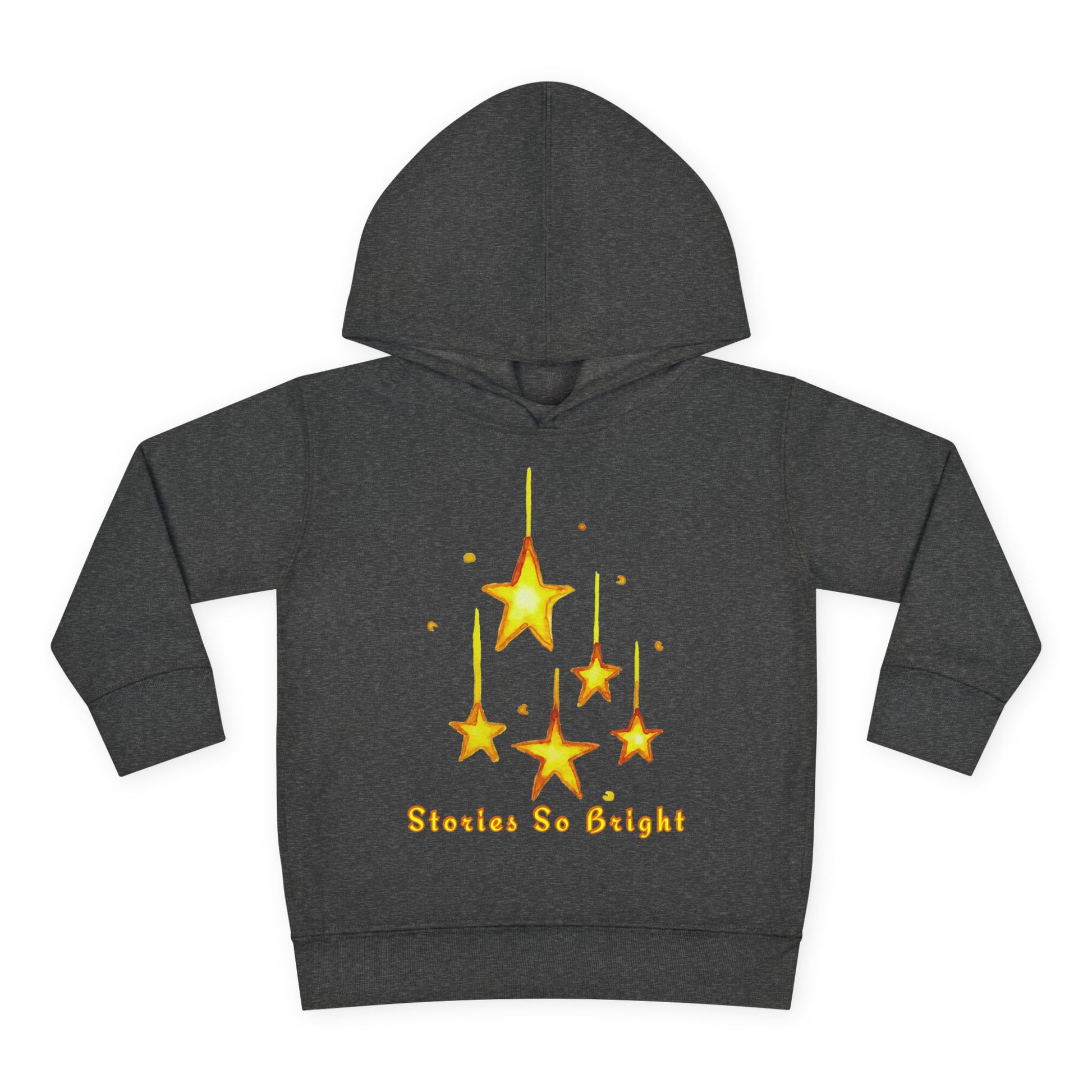 Dark gray hoodie with yellow star design and 'Stories So Bright' text on a white background