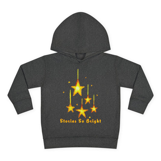 Dark gray hoodie with yellow star design and 'Stories So Bright' text on a white background