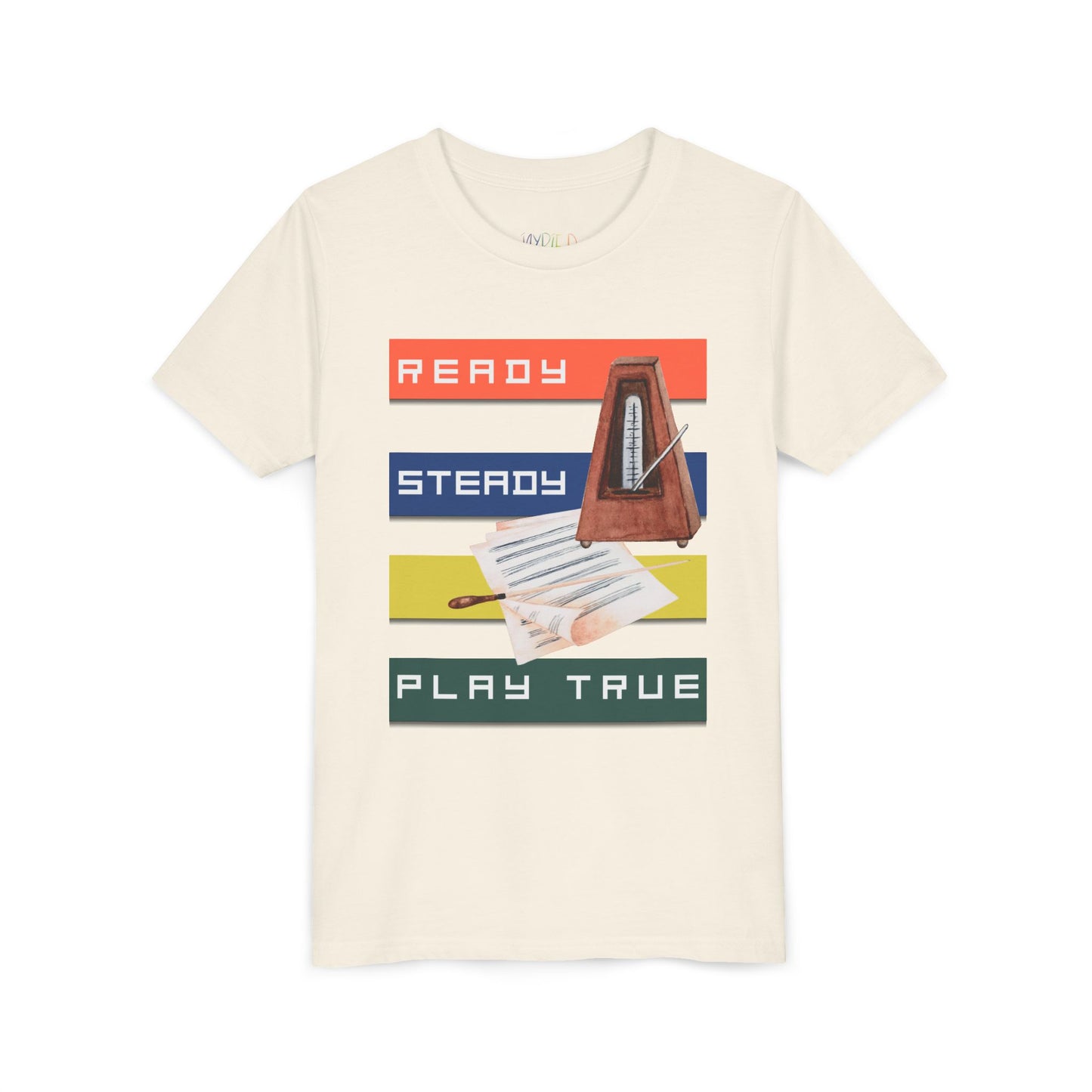 Beige t-shirt with colorful stripes, music sheets, a metronome and text 'Ready. Steady. Play True.'