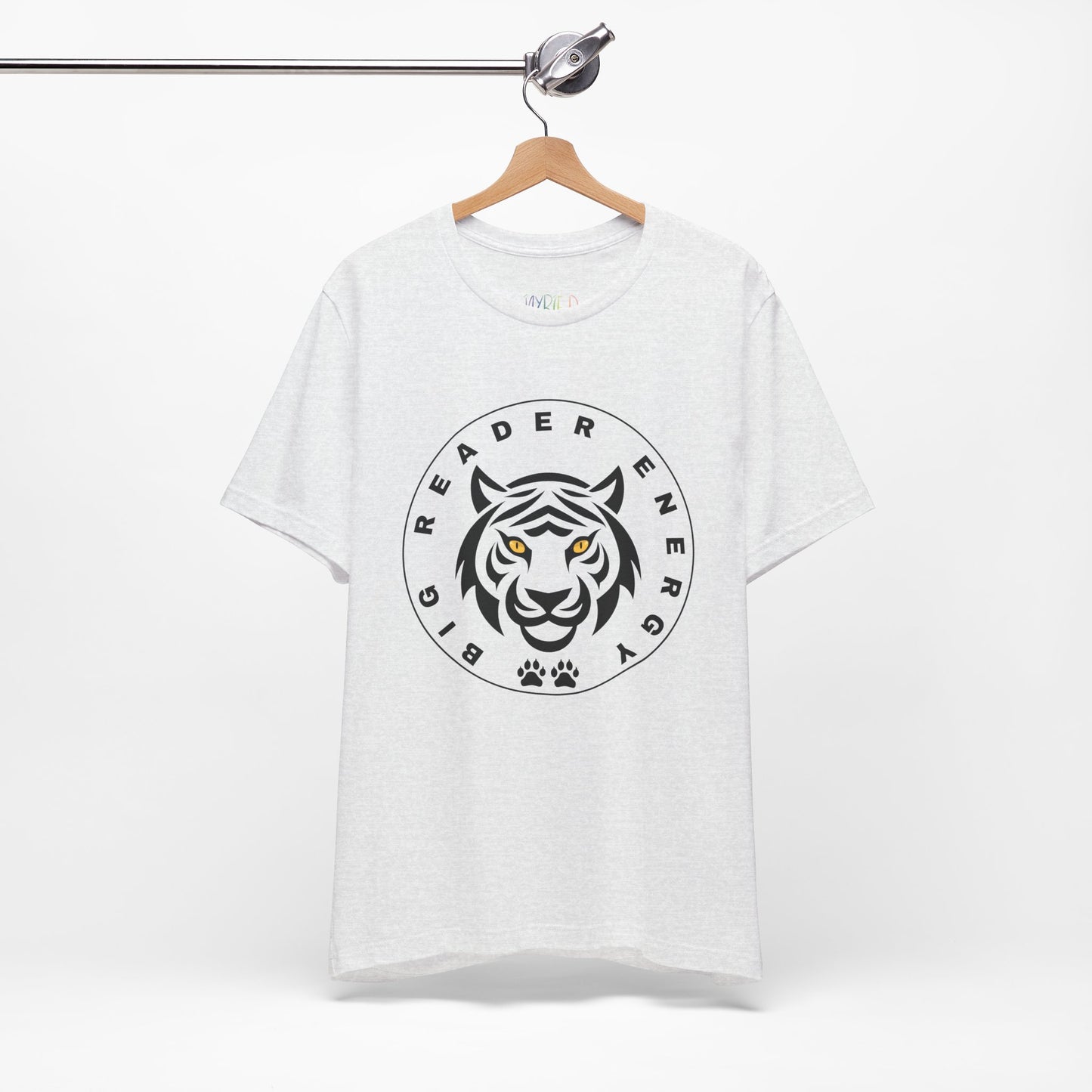 Light gray t-shirt with a black tiger logo, yellow eyes and circled by text 'Big Reader Energy'
