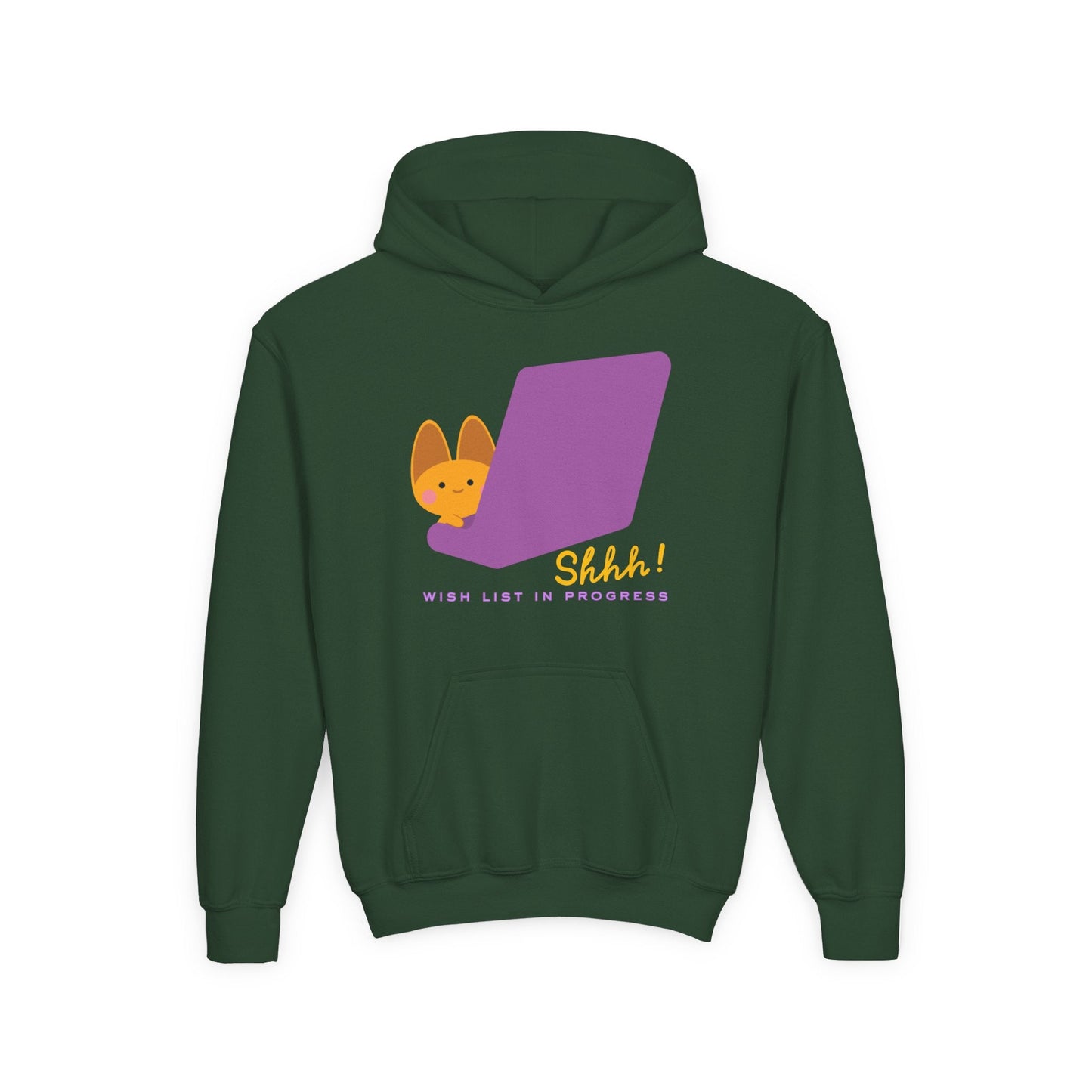 Youth Shhh! Wish List in Progress Hoodie â€“ Cute Holiday Bunny Design Printify