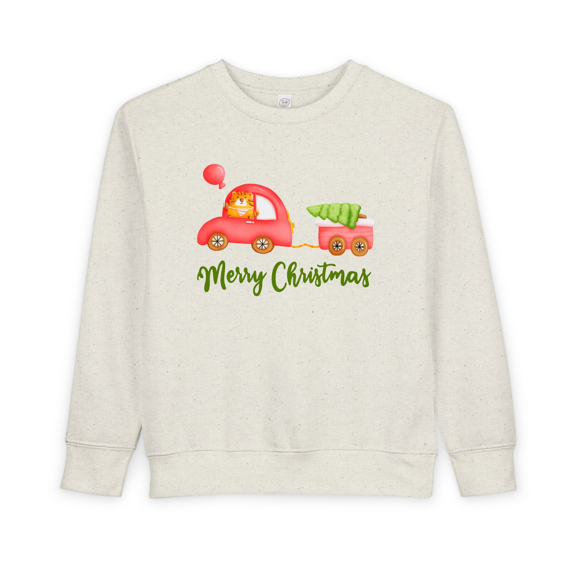 Beige toddler sweatshirt with a Christmas-themed design of a tiger driving a red car that is pulling a trailer with a tree and 'Merry Christmas' text.