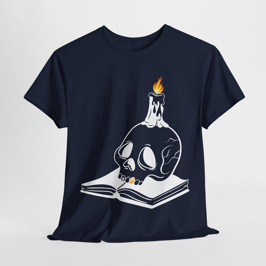 Teen/Adult Unisex Skull Candle & Book T-Shirt – Gothic Horror Reader Graphic Tee