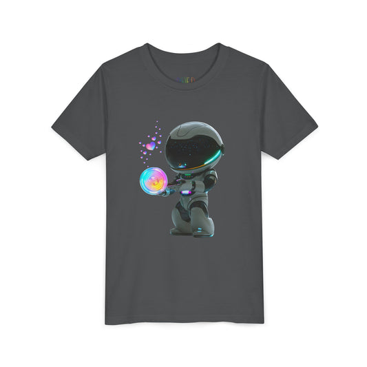 Gray t-shirt with an astronaut holding  a glowing orb bubble with colorful hearts floating out of it 