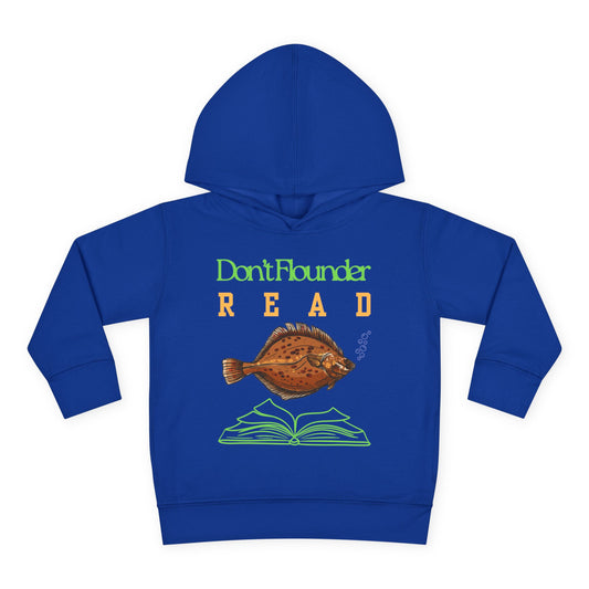 Cute cartoon flounder floating above an open book with the words “Don’t Flounder Read” printed on a toddler hoodie.