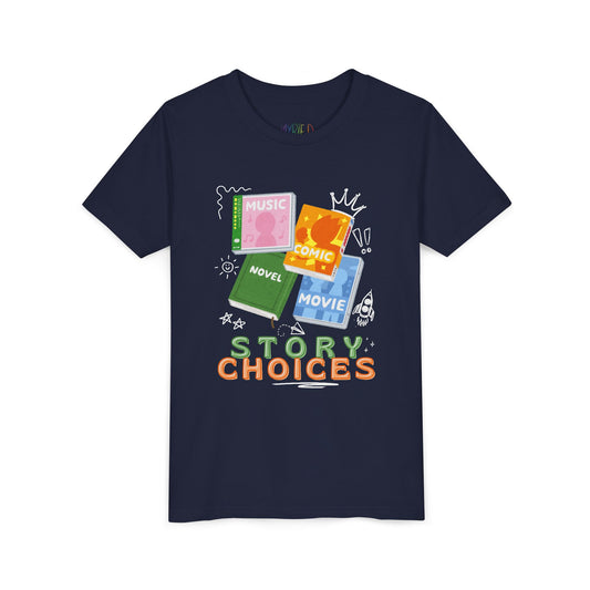 Navy blue t-shirt with colorful mixed media illustrations and 'Story Choices' text 