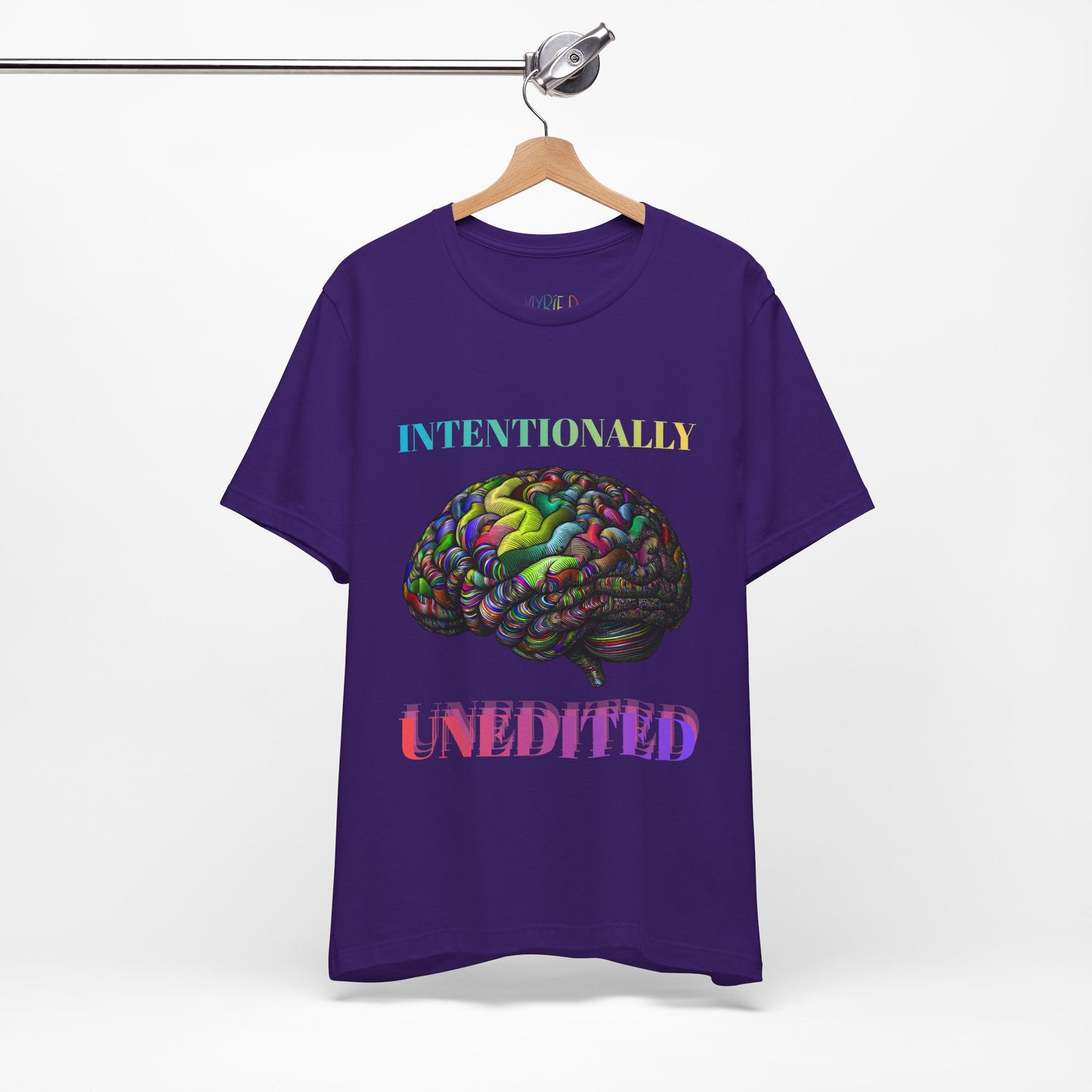 Purple t-shirt with rainbow brain graphic and colorful text 'Intentionally Unedited'